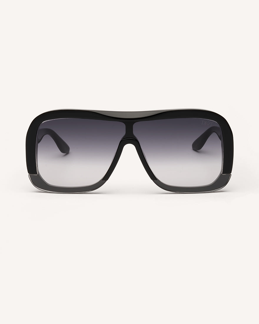 Front image of stylish acetate sunglasses with a modern design, featuring a sleek black frame and subtly faded black lens.
