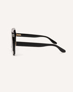 Side view of stylish acetate sunglasses with a modern design, featuring a sleek black frame and subtly faded black lens.