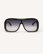 Front image of stylish acetate sunglasses with a modern design, featuring a sleek black frame and subtly faded black lens.